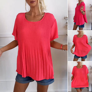 Ensfarvet plisseret bluse med rund hals