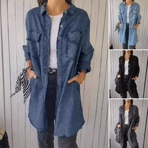 Denim komfortabel lang frakke skjorte